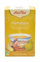 Gelbe box yogi tea himalaya gewürztee mit bemaltem schüsselchen und gewürzen auf der vorderseite bio 17 stk