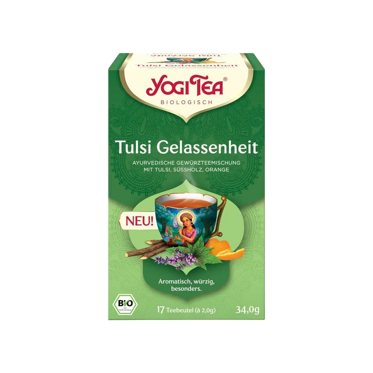 Lebensbaum Yogi Tee Tulsi Gelassenheit mit Tulsi, Süßholz und Orange, Bio-Tee in einer Tasse auf weißem Hintergrund.