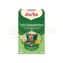 Grüne kartonverpackung von yogi tea tulsi gelassenheit mit ayurvedischer frau, teetasse und orangenscheiben für mana shop