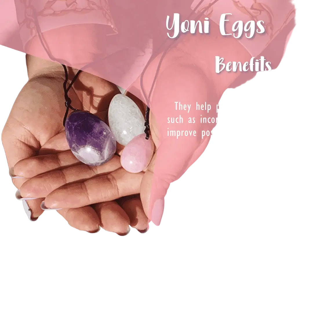 Drei glatte, polierte Amethyst-Yoni-Eier aus der Vives de la Cortada SCP Therapie Zubehör Verpackung.