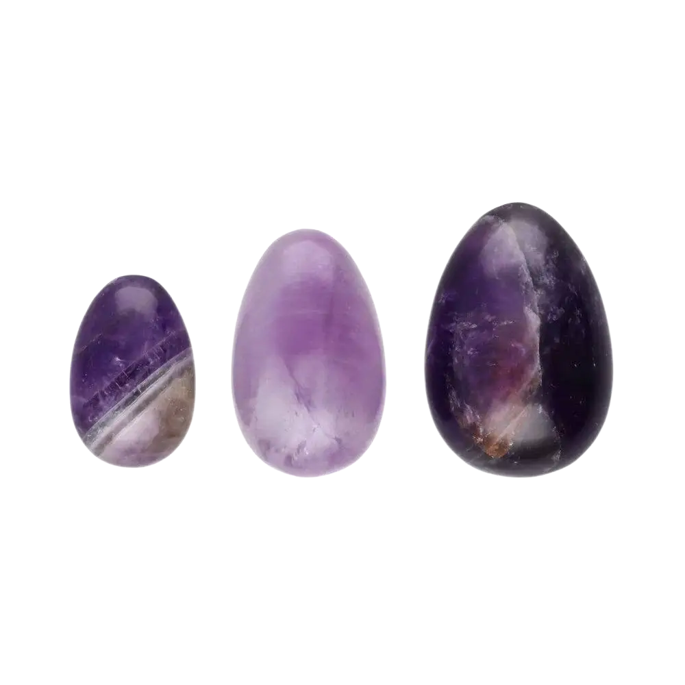 Drei polierte Amethyst-Yoni-Eier aus der Vives de la Cortada SCP Zubehör-Therapie für bewusste Körperarbeit
