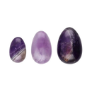Drei polierte Amethyst-Yoni-Eier aus der Vives de la Cortada SCP Zubehör-Therapie für bewusste Körperarbeit