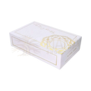 Weißes rechteckiges yoni ei set mit goldener mandala-verzierung und vives care text in rosequarz für beckenbodenpflege