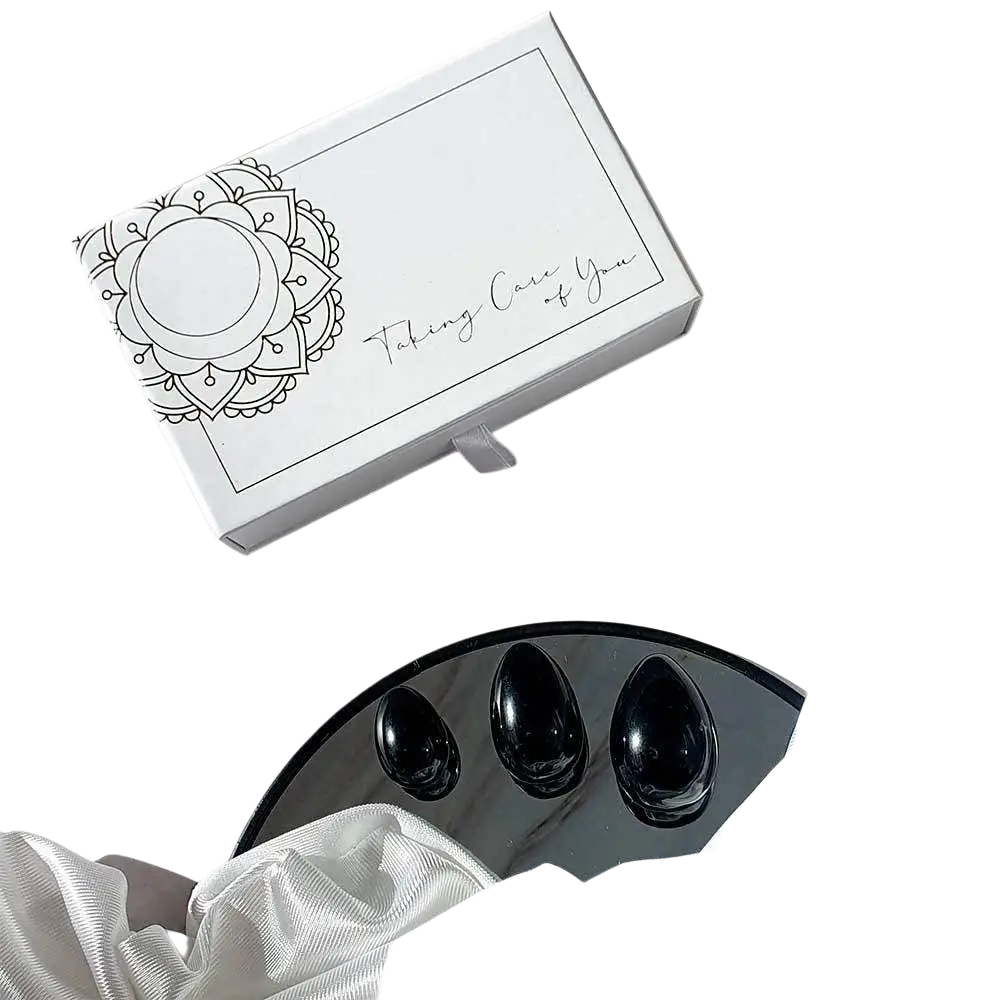 Vives de la Cortada SCP Yoni Obsidian-Eierpackung in weißer rechteckiger Geschenkbox, Yoniei für Frauen.