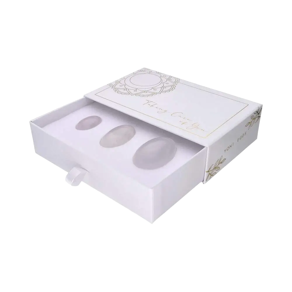 Yoni White Quartz Eierpackung von Yoniei für Energie und Beckenbodentraining, weiße Quarzeier in Verpackung, für Frauen.