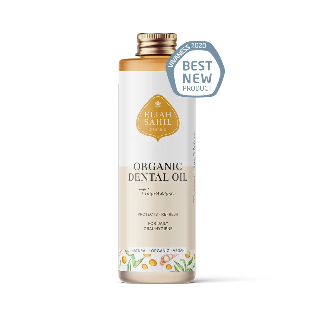 Bio Kurkuma Zahnöl in transparenter Flasche, für die Mundhygiene, von Eliah Sahil Organic Care GmbH, 100ml.