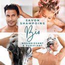 Collage von Menschen, die ihre Haare mit Savon Shampoing Bio (Bio-Shampoo-Seife) waschen.