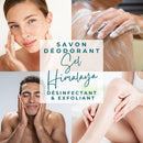Natürliche Himalaya-Salzseife von Zen'Arome für Gesicht, Peeling und Reinigung, zeigt die handgefertigte Seife mit Salzkrusten