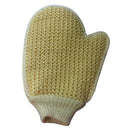 Ein einzelner beiger Peeling-Handschuh mit der strukturierten Maschenseite und dem gerippten Bündchen.