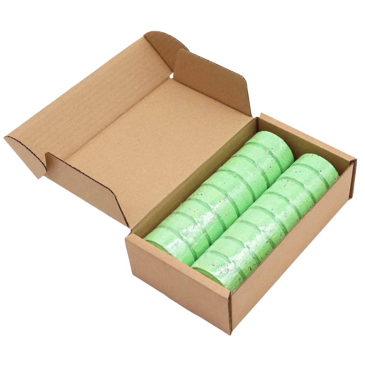 Weiße und hellgrüne Zen Dusch-Dufttabletten Serenity Soak in strukturierter Verpackung, Badebombe für entspannende Duscherlebnisse.
