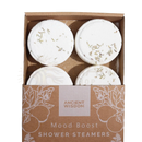 Weiße zen shower steamers mit getrockneten lavendelzweigen in brauner verpackung stimmungsaufheller boost shower steamers