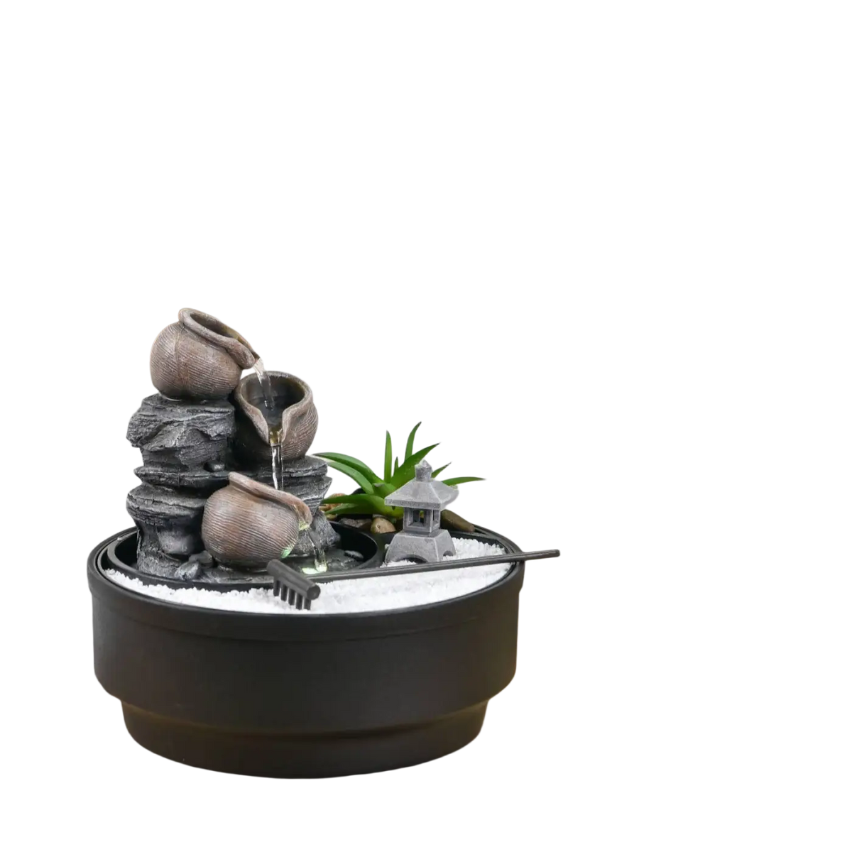 Grauer Keramik-Zen-Garten mit Indoor-Oasenbrunnen von Zen'Arôme, ruhige Dekoration für entspannte Räume