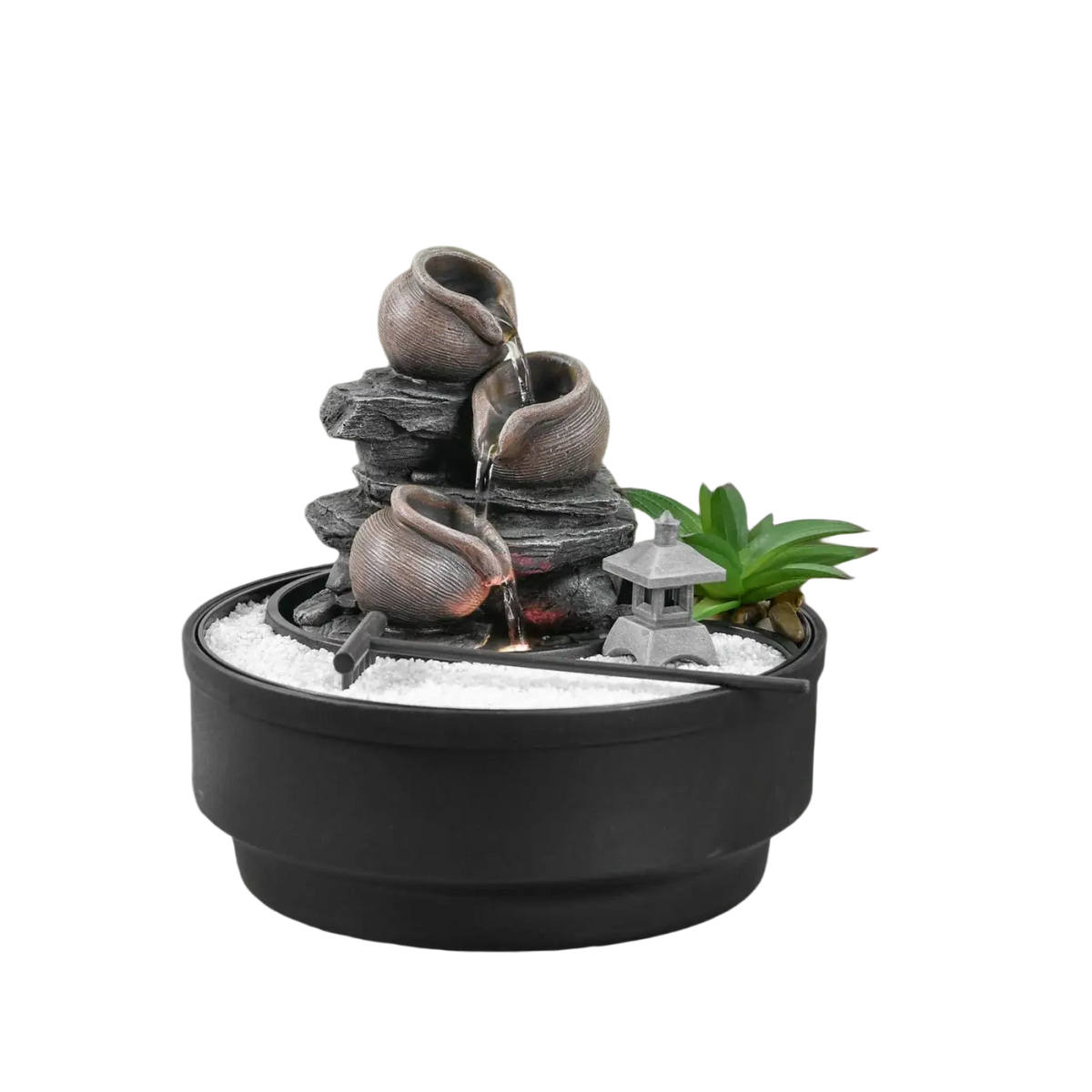 Zen-Garten und Indoor-Oasenbrunnen aus schwarzer Keramik von Zen'Arôme, dekorative Wasserquelle für Zuhause.