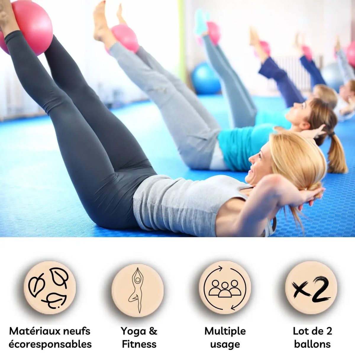 Zenarome Yoga- und Pilatesbälle in Rosa und Grau, Durchmesser 25 cm, auf weichem Untergrund für Fitnessübungen.