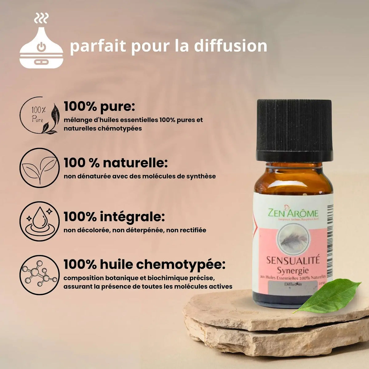 Ätherische Öl-Synergie Sensualität von Zen'Arôme in 10 ml Flasche, ideal für Diffusor, mit sinnlichen Duftnoten.