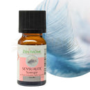 Ein kleines bernsteinfarbenes glasfläschchen mit schwarzem kappe und rosa-weißem label ätherische öl-synergie sensualität für moments of pleasure von zen arôme 10 ml
