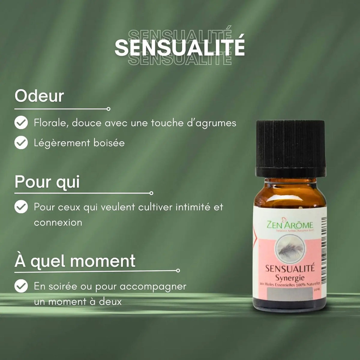 Ätherische Öl-Synergie Sensualität von Zen'Arôme in 10 ml Flasche, ideal für Diffusor, mit sinnlichem Duft.