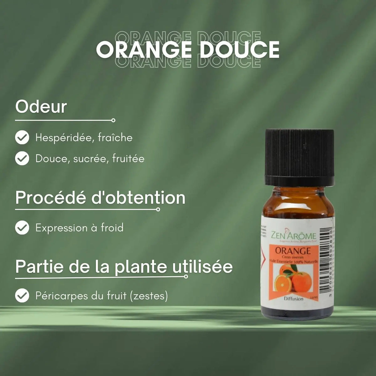 Ätherisches Süßorangenöl von Zen'Arôme, 100 % natürlich, in 10 ml Flasche, zeigt das ätherische Öl im Glasflasche mit Orangenblatt