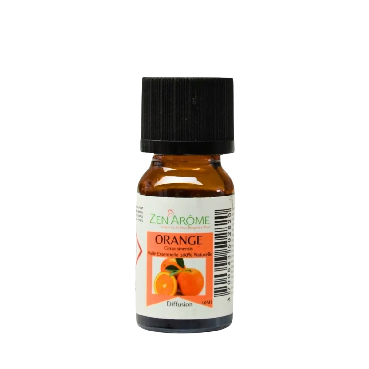 Ätherisches Süßorangenöl von Zen'Arôme, 100% natürlich, 10 ml Flasche, zeigt die orangefarbene Flüssigkeit in der Flasche.