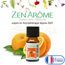 Kleine bernsteinfarbene glasflasche mit schwarzem deckel und weißem etikett zen arôme süßorangenöl 100 % natürlich für kaltdiffusion