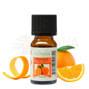 Ein kleines bernsteinfarbenes glasfläschchen mit schwarzem rillenkappen und weißem etikett zen arôme süßorangenöl für kalte diffusion durch kaltpressung 10 ml