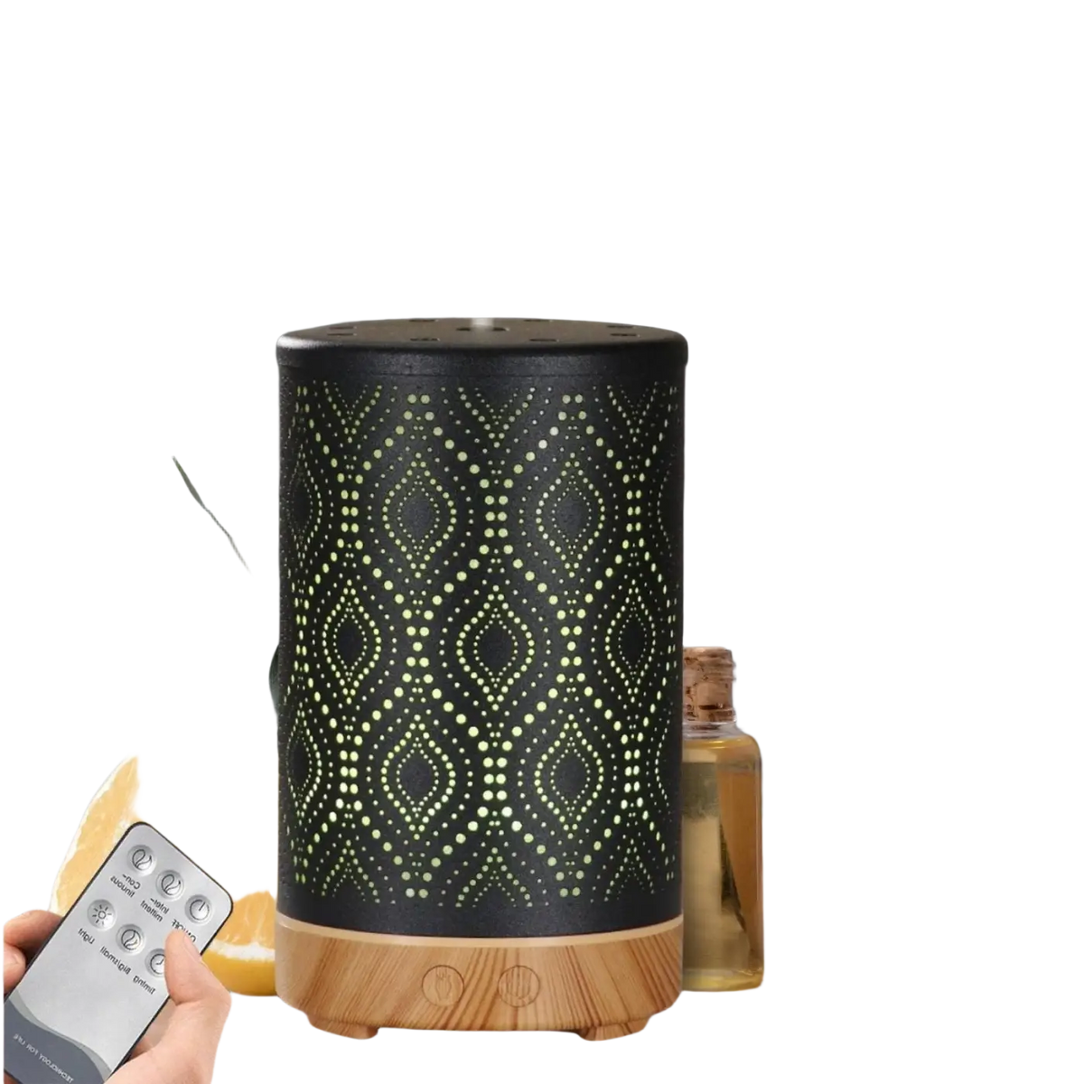 Zen'Arome Aromadiffusor mit Fernbedienung, schwarzer Metall-Diffuser, stilvoller Design, zeigt das Gerät mit Fernbedienung und Diffusoröffnung