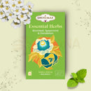 Grüne rechteckige packung zen’arôme basisches gleichgewicht bio kräutertee mit birke minze löwenzahn und blumendesign organic herbal tea