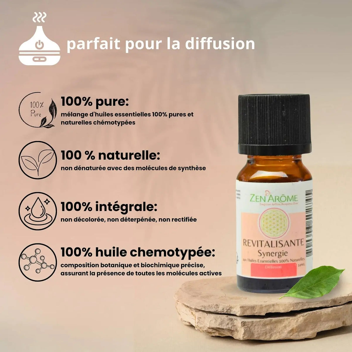 Belebende ätherische Öl-Mischung von Zen'Arôme in 10 ml Flasche, mit bernsteinfarbenem Öl und natürlicher Textur.