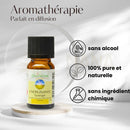 Ein kleines bernsteinfarbenes glasfläschchen mit schwarzemverschluss und gelbem label von zen arome mit belebendem natürlichen ätherischen öl ohne terpenentfernung