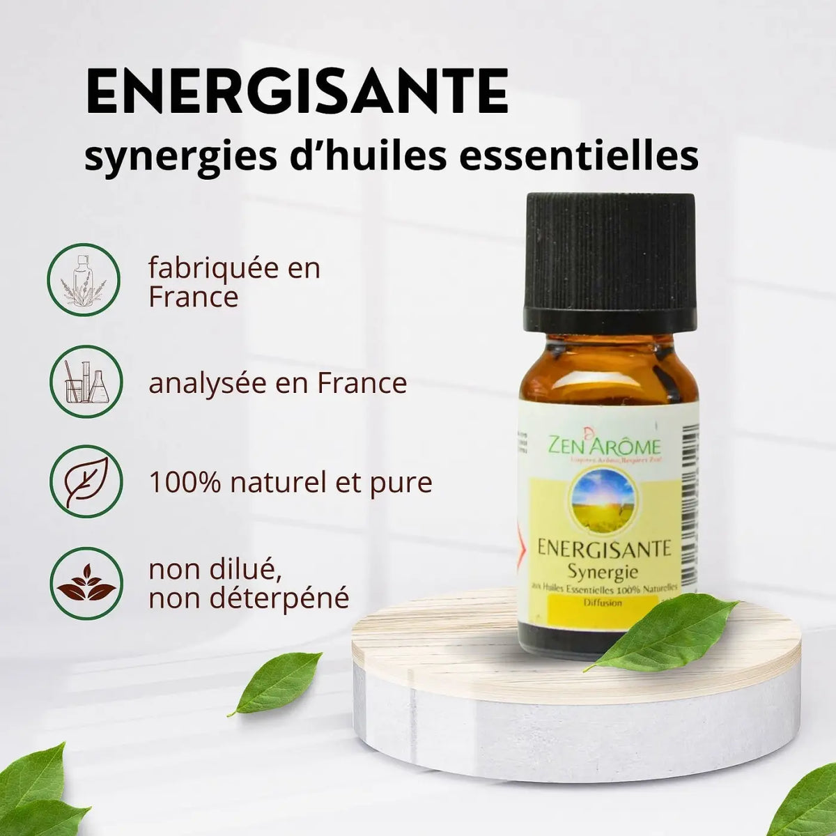 Belebende ätherische Ölmischung von Zen'Arôme in einer kleinen Bernsteinflasche, 10 ml, naturreines ätherisches Öl.