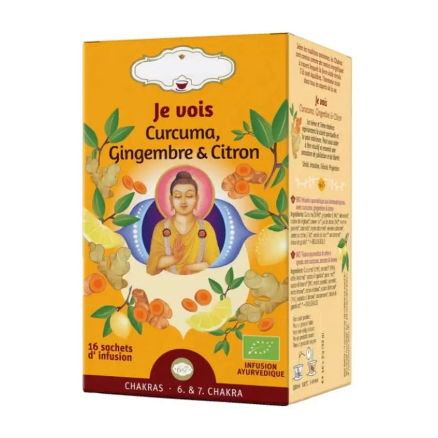 Bio-Kräutertee Chakra Ich Sehe von Zen'Arome mit Kurkuma und Ingwer, 16 Beutel, aromatischer Tee für das Wohlbefinden.