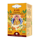 Vibrante orange box zen’arome bio kräutertee mit buddha, ingwer, zitronenscheiben und blättern für organischen herbal tea