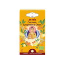 Bright gelbe box mit bio-kräutertee zen’arome kurkuma ingwer zitrone mit buddha und illustrationen von ingwer und zitrone
