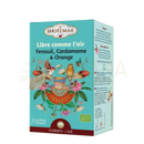Tea box mit türkis-rotem design, vögeln, blumen und teetasse für zen’arôme organic herbal tea libre comme l’air