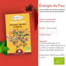 Gelbe rechteckige box von shotima bio-kräutertee fire energy mit schokolade minze und chili im mana shop