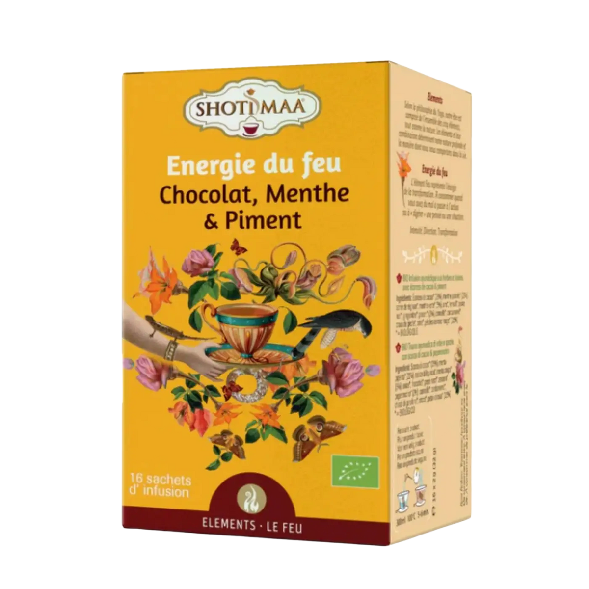 Bio-Kräutertee Fire Energy von Zen'Arôme mit Schokolade, Minze und Chili, in einer Tasse serviert