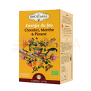 Gelbe kartonverpackung von shotima bio-kräutertee fire energy mit schokolade, minze und piment im mana shop