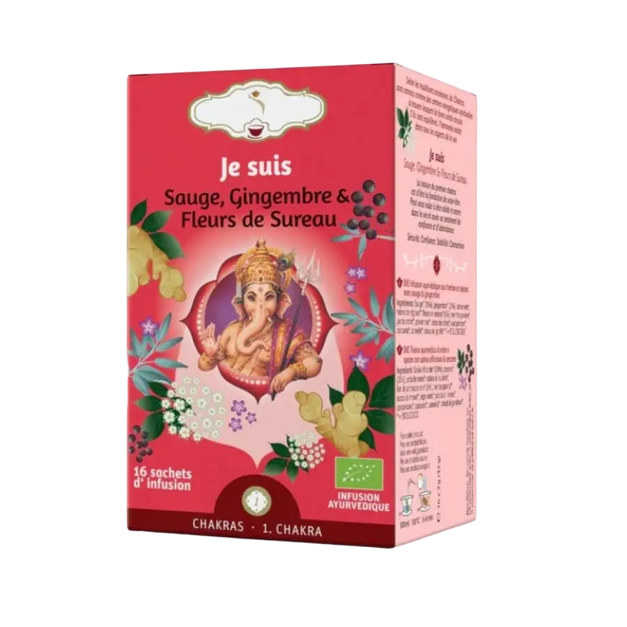 Zen'Arome Bio-Kräutertee-Infusion Ich Bin mit Salbei und Ingwer, 16 Beutel, in einer offenen Teeverpackung.