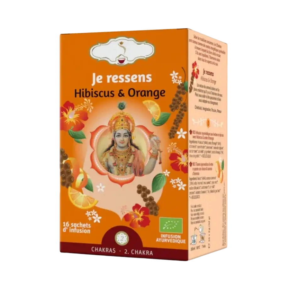 Bio-Kräutertee-Infusion von Zen'Arome mit Hibiskus und Orange, zeigt 16 Teebeutel in einer offenen Packung