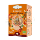 Orange farbige box von zen’arome bio-kräutertee kräutertee-infusion mit hibiskus und orange sowie ornater gottheit und zitrusmotiven