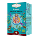 Tea box with turquoise packaging of zen’arome bio-kraeutertee-infusion featuring a deity and mint and lavender for atmungssystem