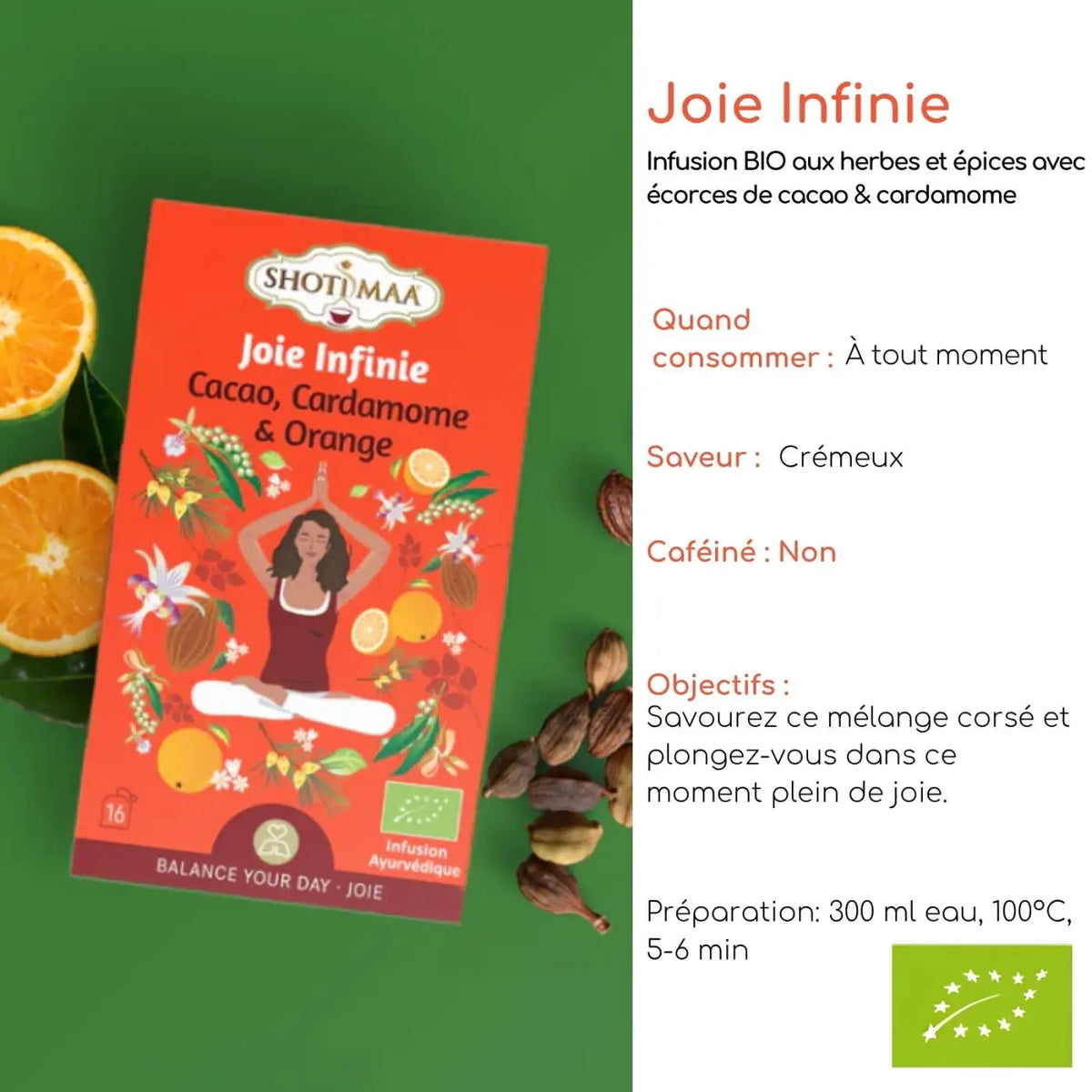 Bio-Kräutertee Zen'Arôme Joie Infinie mit Kakao, Kardamom und Orangennote im Becher, aromatisch und natürlich.