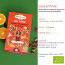 Rote rechteckige box bio-kräutertee joie infinie von shotima mit kakao-schalen orange schale und frau in yoga-pose