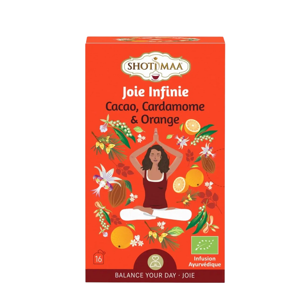Bio-Kräutertee Zen'Arôme Joie Infinie mit Kakao, Kardamom und Orangennote, aromatischer Tee in natürlicher Verpackung