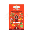 A rote box zen’arôme bio-kräutertee joie infinie mit kakao-schalen, orange schale und einer meditierenden frau