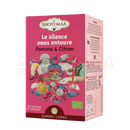 Pink cardboard box of shotima brand bio kräutertee wellness infusion apple and lemon ideal für relaxation with floral illustration