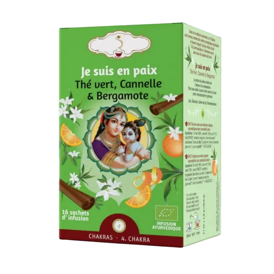 Bio-Tee Zen'Arome Morgenaufguss Ich bin in Frieden mit grünem Tee und Zimt in einer Tasse, aromatisch und natürlich.