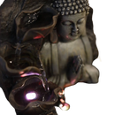 Grauer stein buddha-brunnen mit fließendem wasser und led-beleuchtung für zen-ambiente und geschenkidee spiritualität