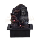Schwarzer resin buddha-brunnen spiritualität mit fließendem wasser über blattförmigen stufen und roten led-lichtern für zen-ambiente und geschenkidee