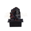 Dunkelbronzenes buddha-brunnen spiritualität mit wasserfall und roten led-lichtern auf schwarzem rechteckbasis zen-ambiente geschenkidee
